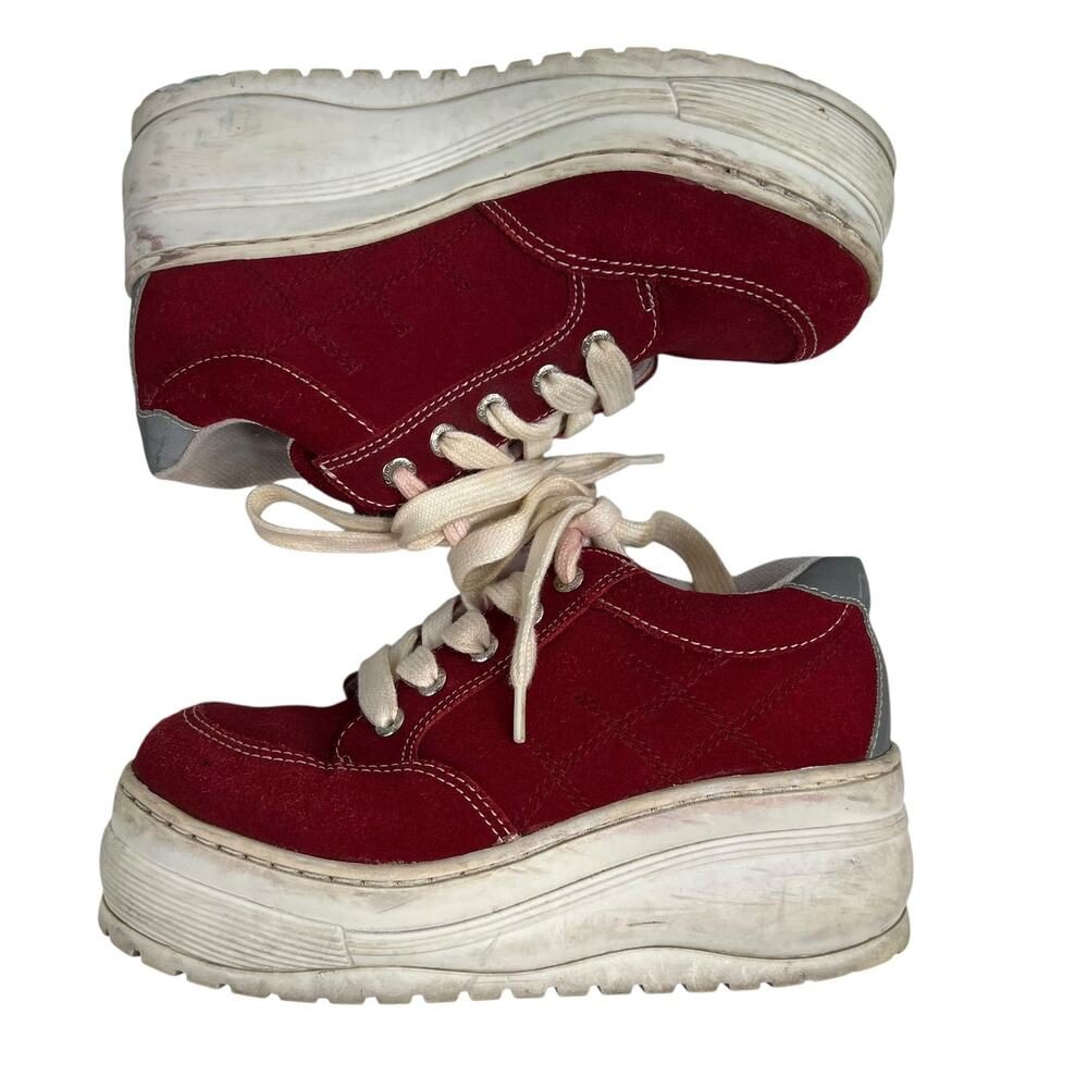 Y2K Candie’s 6 Red Platform Chunky Heel Sneakers Shoes Suede Grunge Punk Retro